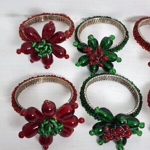 6 Red Green Glass Beaded Napkin Rings Holders Floral Set vtg holiday Christmas